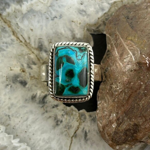 Sterling Silver Southwestern Style Malachite Chrysocolla Bar Ring S 10 For Women - Picture 5 of 10